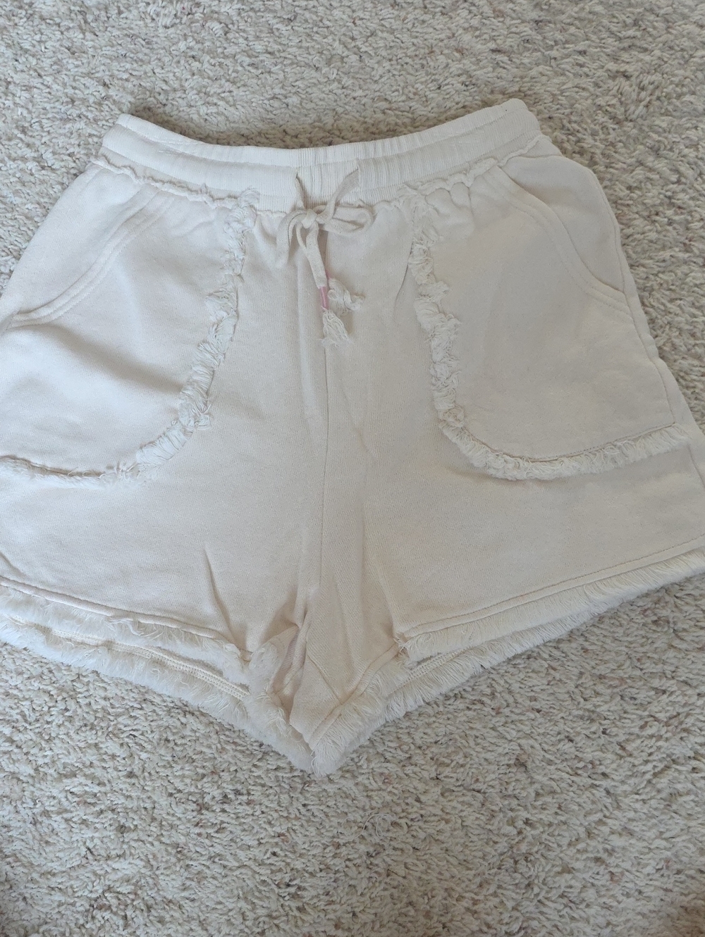 Spell Cream Frayed-Pocket Drawstring Athletic Shorts